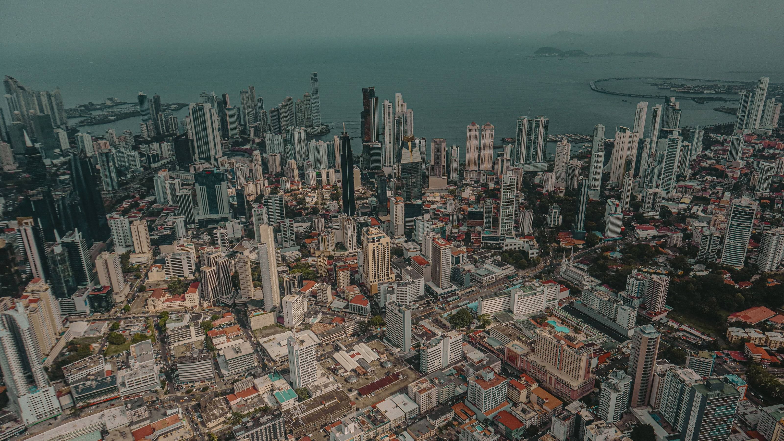 Aerial view of Panama City, its towers and the bay