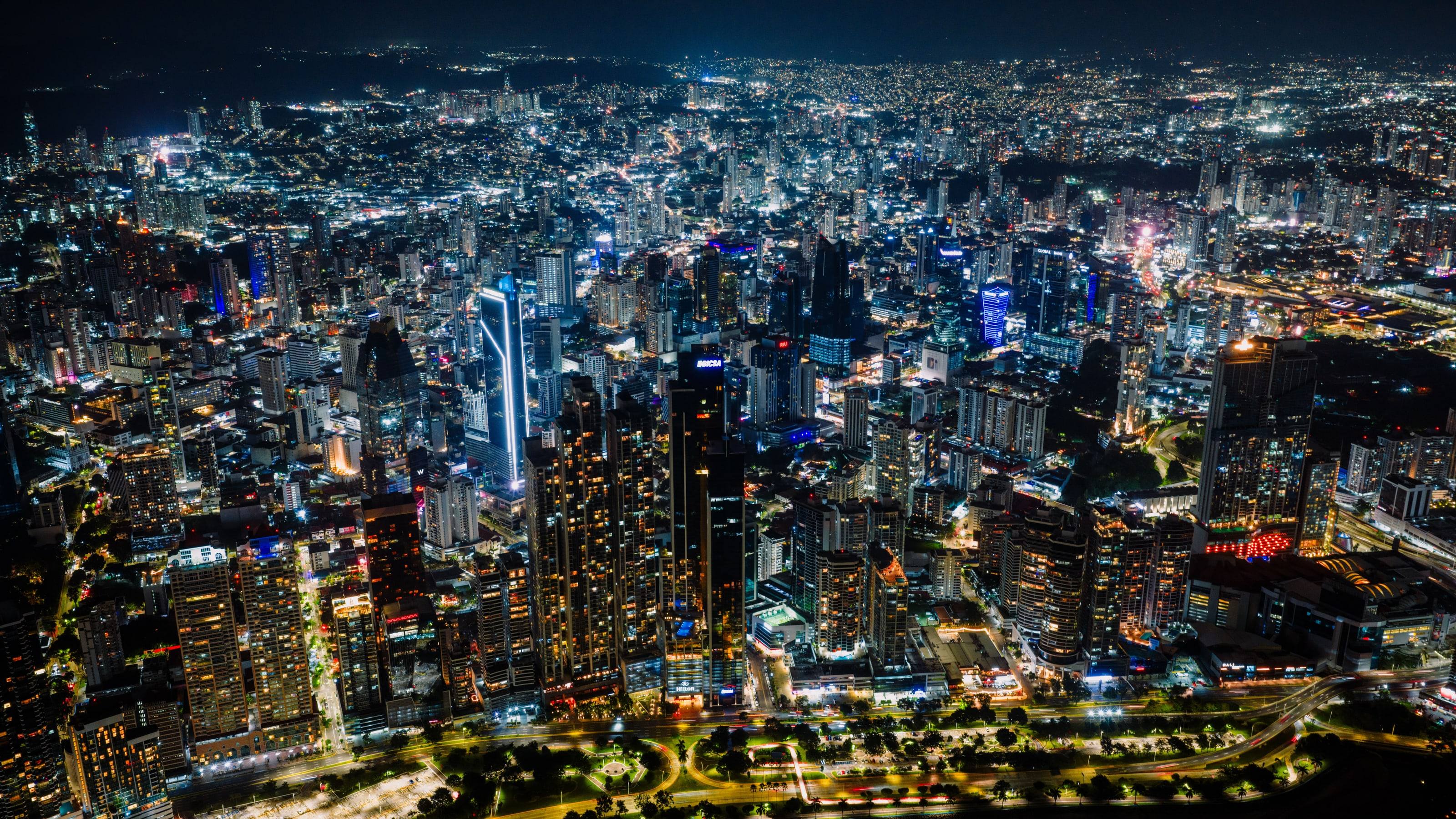 Panama City at night seen from the air
