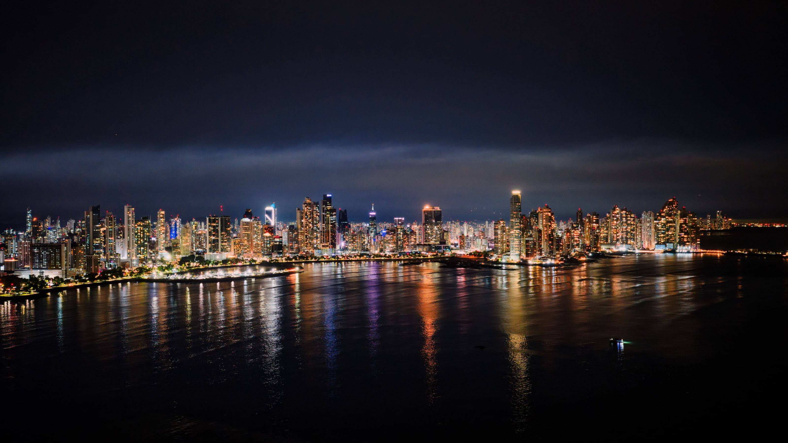 Panama City skyline at night across the bay