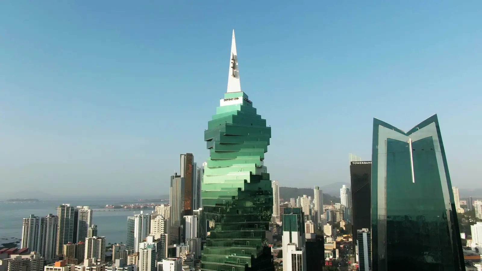 Aerial view of Panama City’s towers and the bay