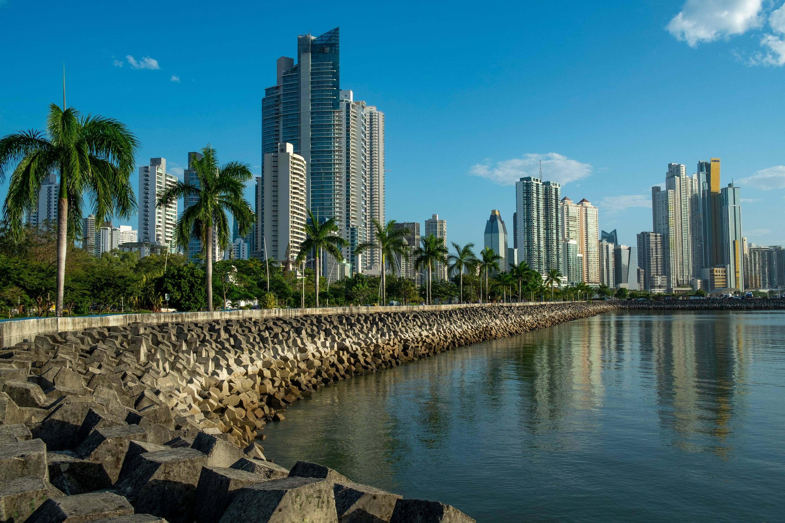 Panama City skyline along the Cinta Costera, seen from the old quarter