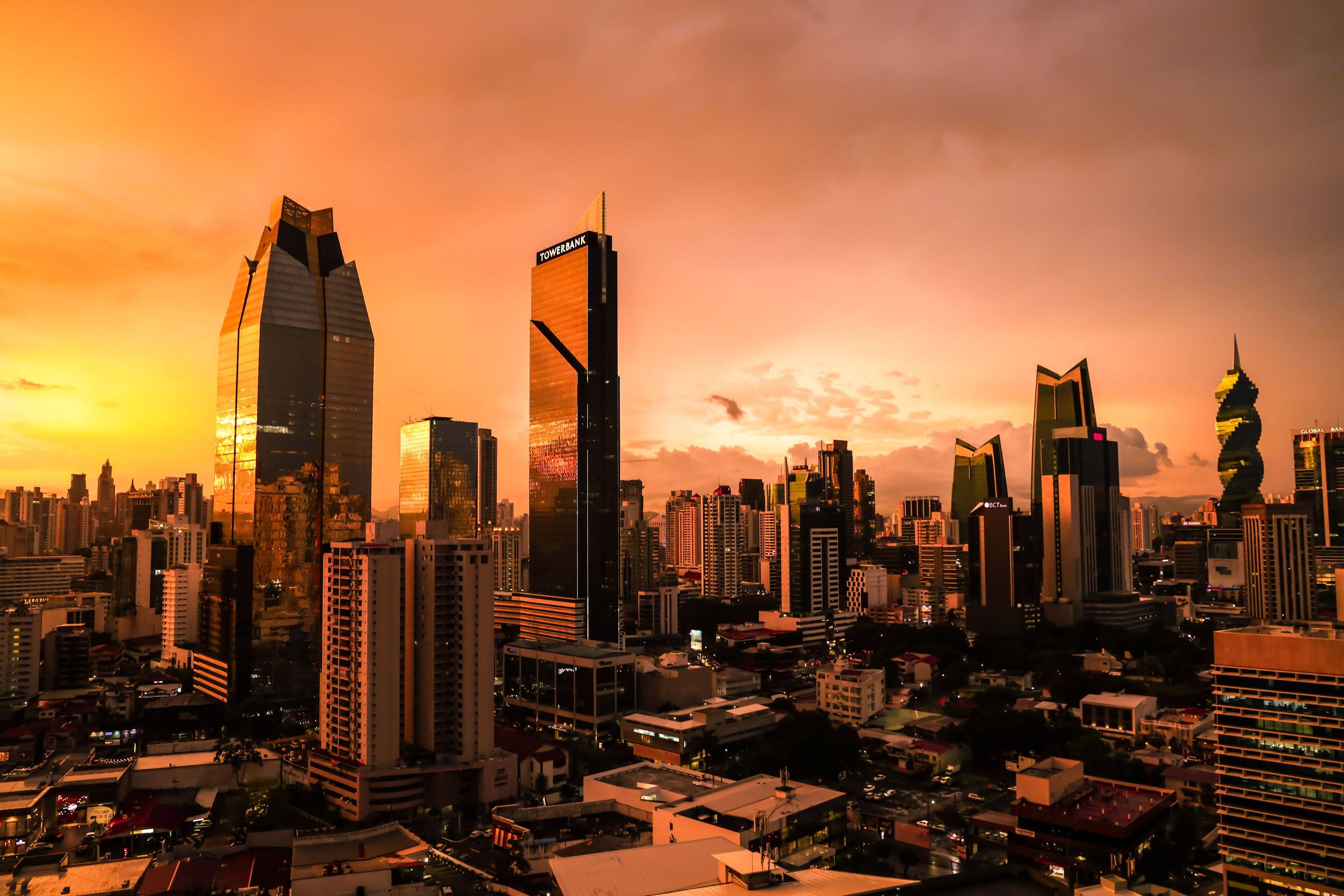 Towers of Panama City’s financial district at sunset